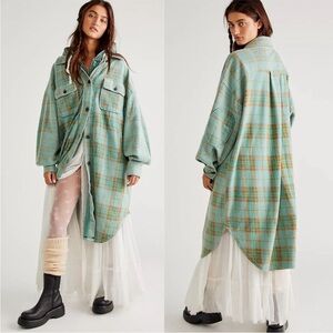 Free People Plaid Oversized Jacket in Blue and Brown
